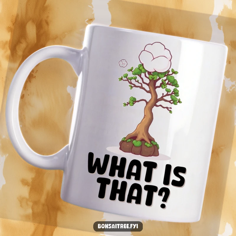 Funny mug with a curious bonsai tree character gazing up at a fluffy cotton ball, depicting wonder and lightheartedness.