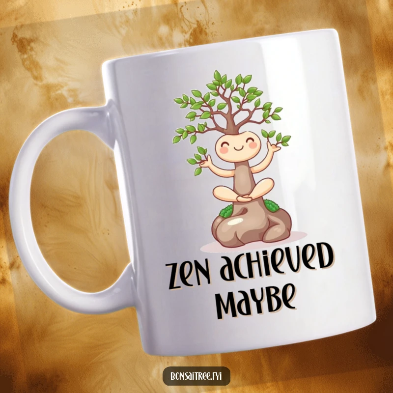 Funny mug featuring a smiling bonsai tree in a perfect yoga pose, radiating calm and humor, a wonderfully funny gift idea.