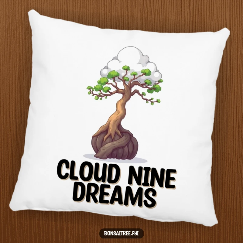 Soft, funny pillow depicting a bonsai tree sculpting a cloud with its branches, adding artistic charm to any room.
