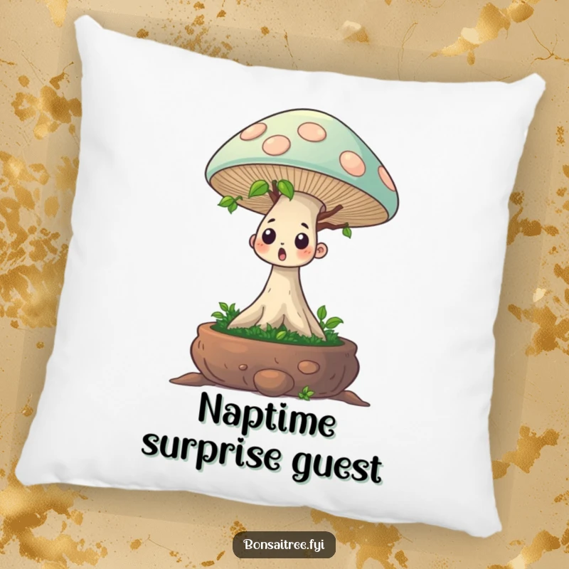 Funny pillow with a surprised bonsai character and a huge mushroom sprout, a soft and humorous decorative accent.