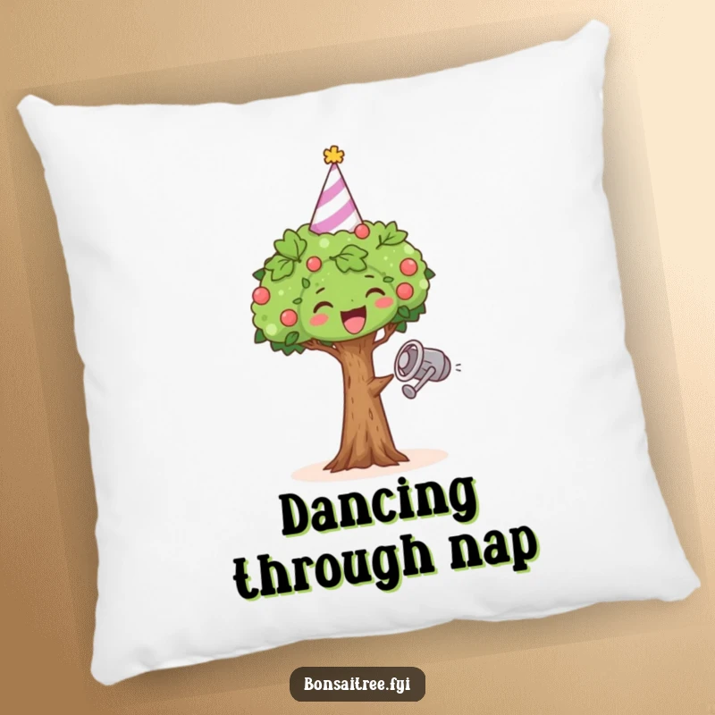 Funny pillow showcasing a cheerful bonsai tree in a party hat, dancing with a watering can, ideal for comfort.