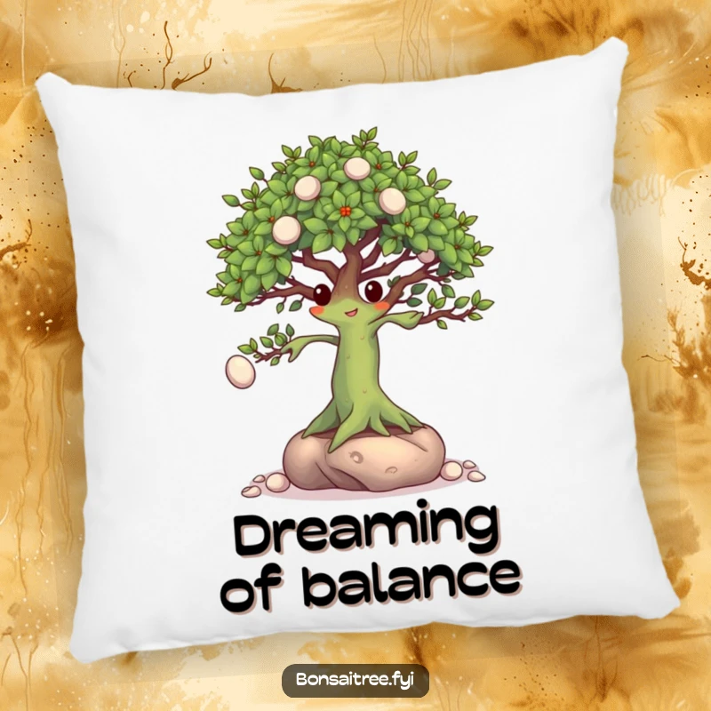 Funny Bonsai Tree Pillow: A cozy pillow featuring a bonsai character masterfully juggling small pebbles with its branches, perfect for relaxation.