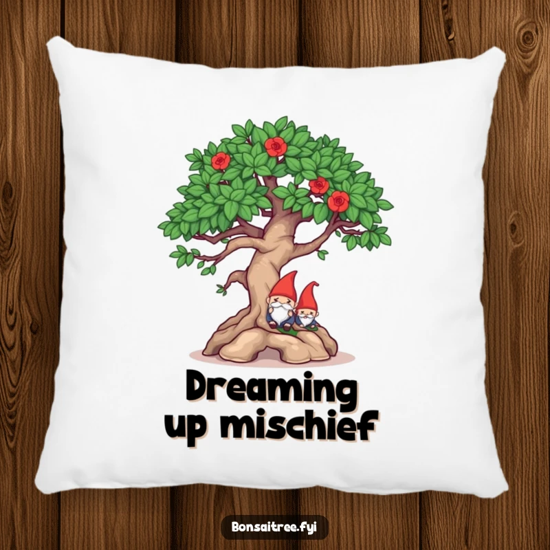 Funny mischievous bonsai winking and hiding a gnome on a soft pillow, ideal for cozy comfort and playful decor.