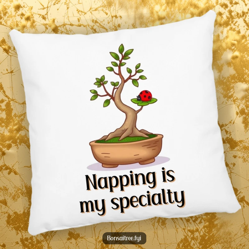 Soft, funny pillow showcasing a bonsai tree balancing a ladybug on its leaf, adding humorous charm to any room.