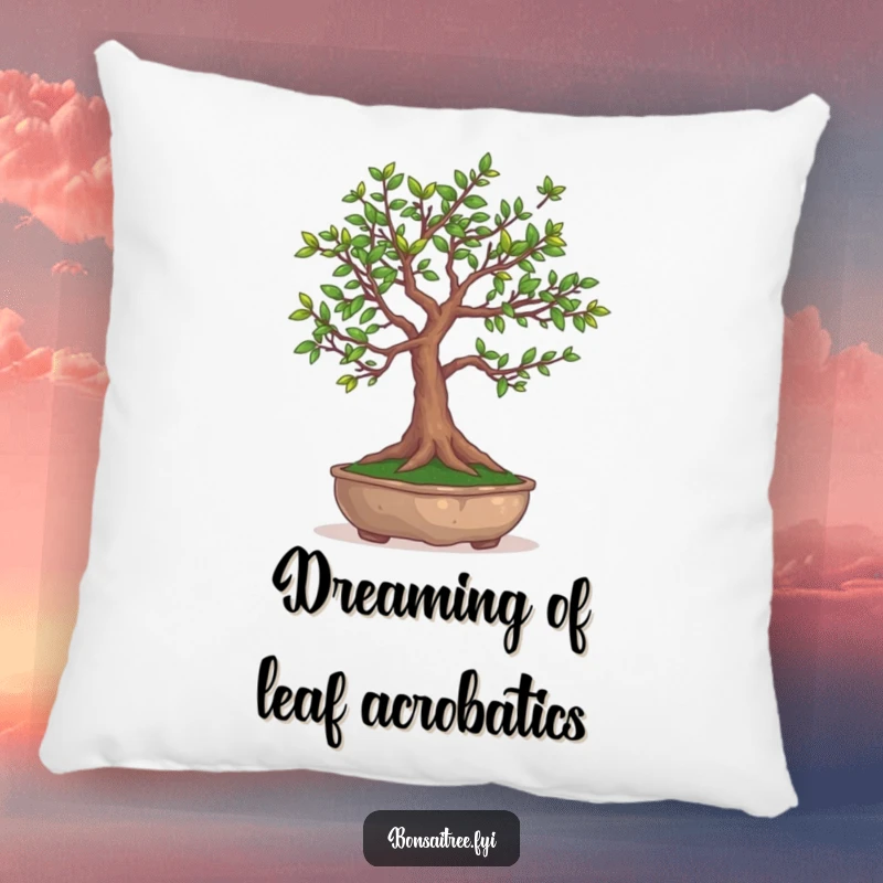 Funny Bonsai Tree Pillow: A soft cushion displaying a humorous illustration of a bonsai tree juggling its own leaves.