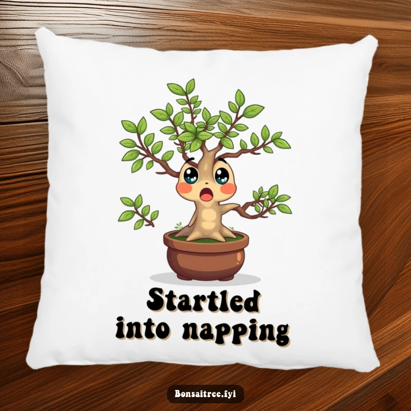 Funny Bonsai Tree Pillow showcasing a surprised character with leaves popping outwards, providing soft comfort and a humorous decorative element.