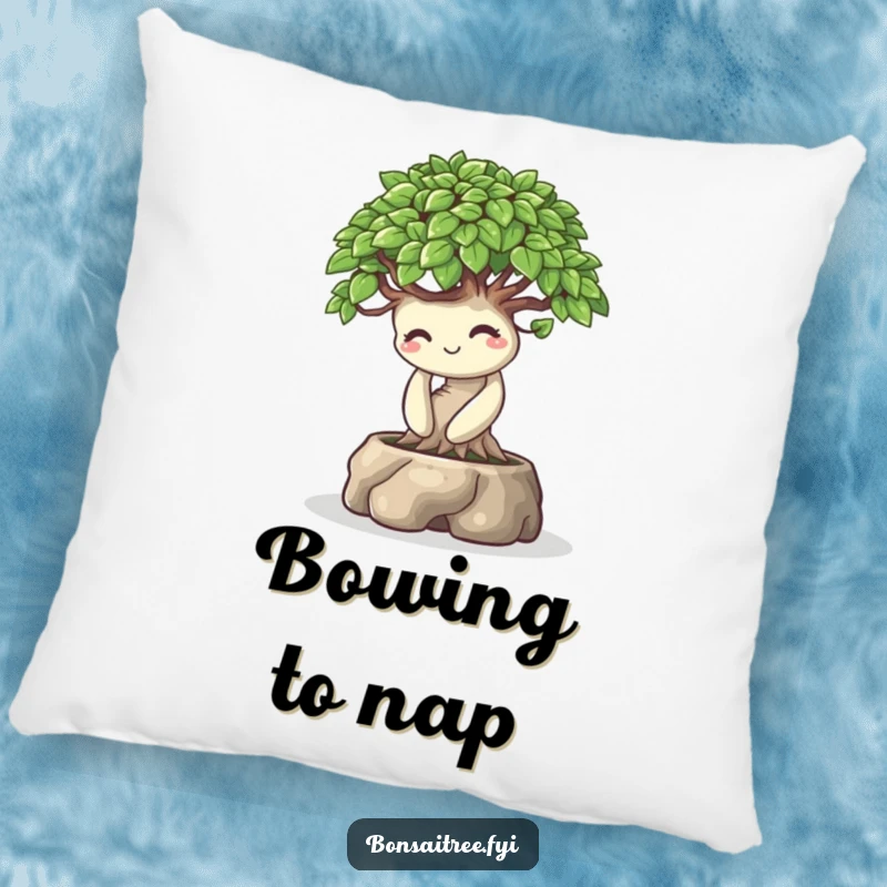 Funny decorative pillow featuring a playful bonsai tree character bowing with a warm smile, offering comfort and humorous charm.