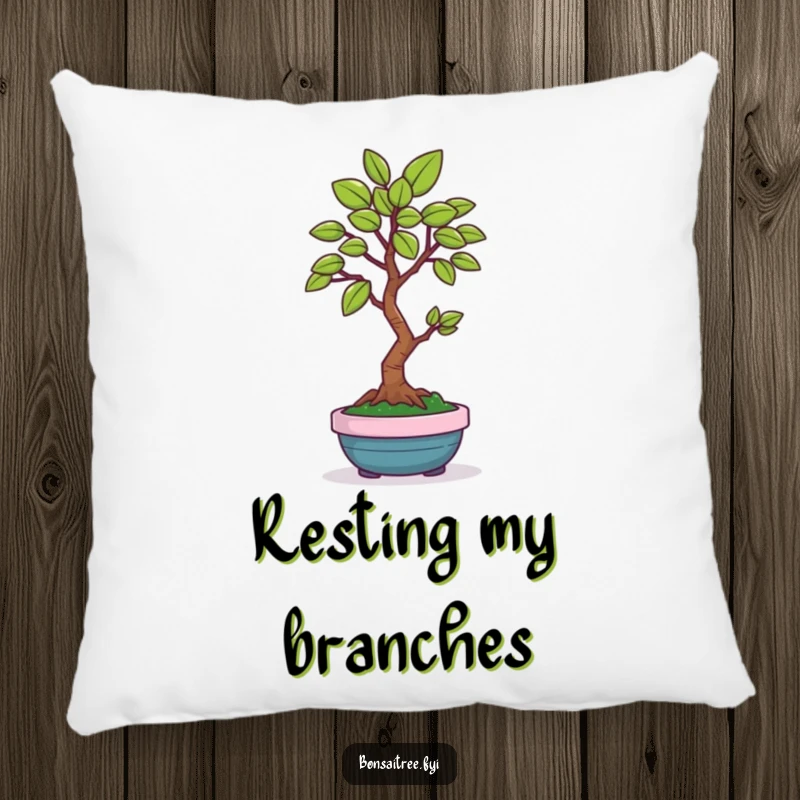 Funny decorative pillow featuring a smiling bonsai tree character offering a single, perfect leaf, providing comfort and humorous appeal.