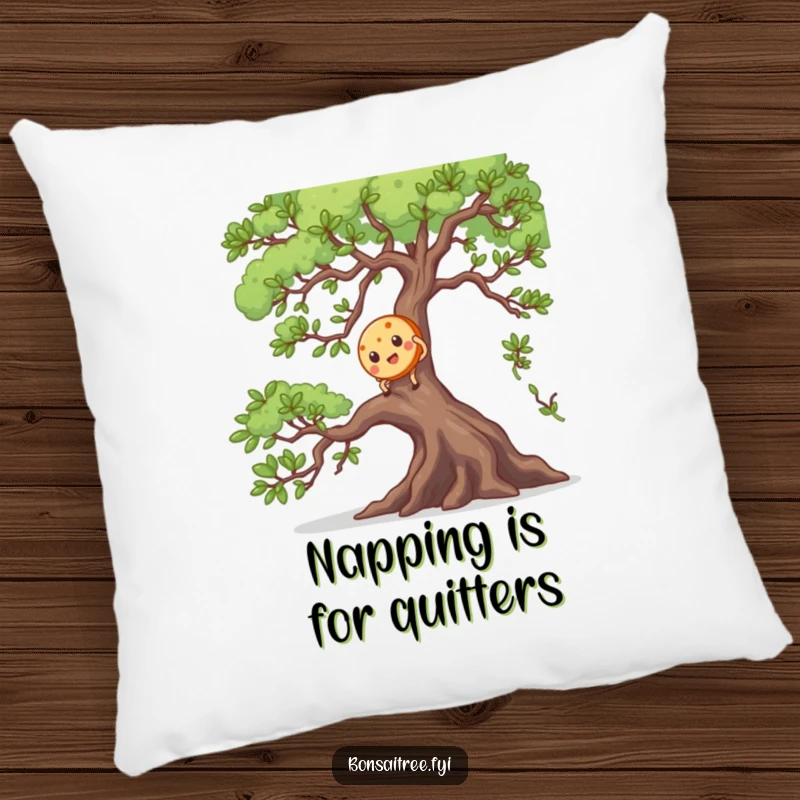 Funny pillow design showing a small cookie character scaling a majestic bonsai branch, a cute and humorous portrayal of effort.
