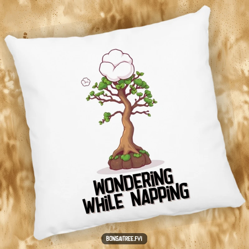 Funny pillow showing a curious bonsai tree character looking up at a cotton ball, offering comfort and a touch of playful inquiry.