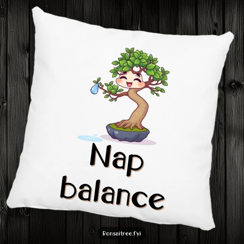 Funny giggling bonsai balancing a water droplet on a leaf on a soft pillow, ideal for cozy comfort and humorous decor.