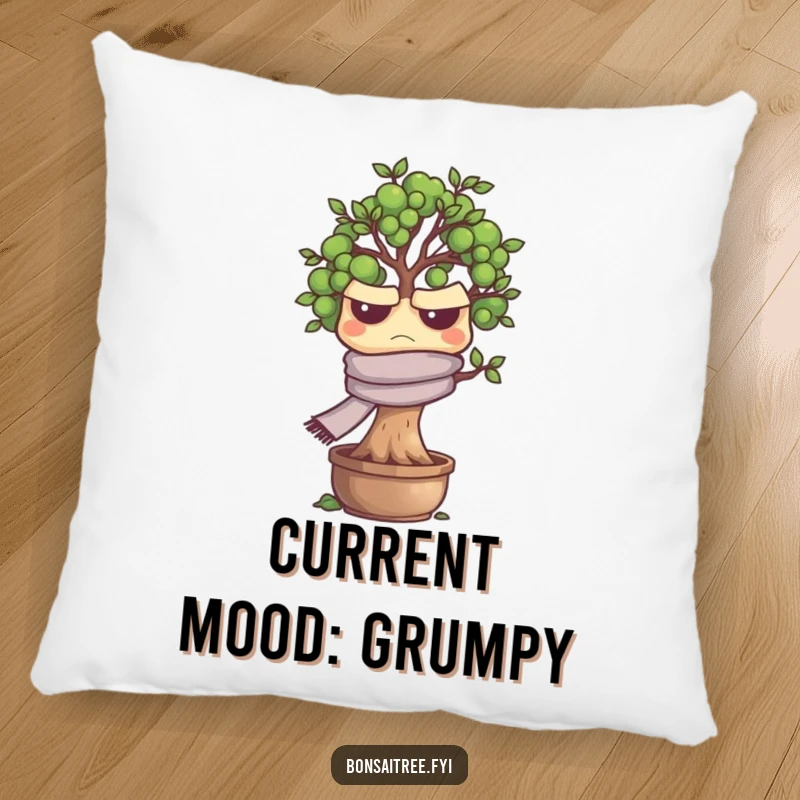 Funny grumpy bonsai tree character with a scarf, bringing a touch of annoyance to a soft, decorative pillow, a funny accent.