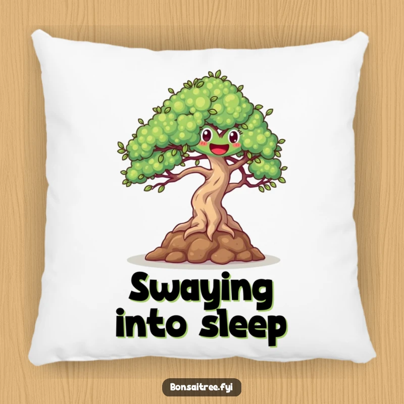 Soft, funny pillow depicting a happy bonsai tree dancing joyfully in a gentle breeze, adding cheerful charm to any space.