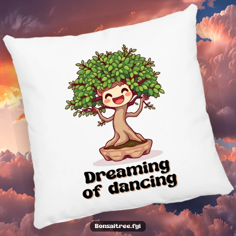 Funny pillow featuring a joyful bonsai tree character dancing with the breeze, offering comfort and a lively, humorous touch.