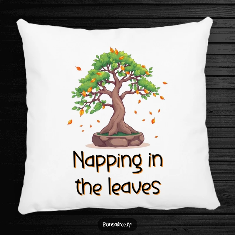 Funny Leaf-Catching Bonsai Tree Pillow: A bonsai catches falling leaves, offering a soft, humorous, and comforting decorative accent.