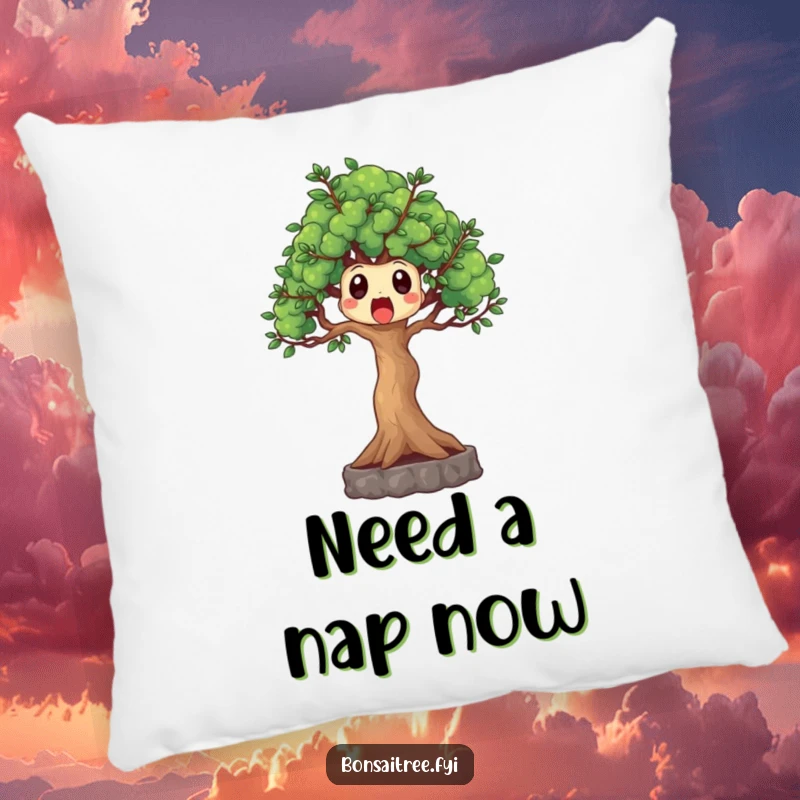 Funny surprised bonsai tree pillow, branches reaching out in shock, a soft and humorous decorative cushion for comfort.
