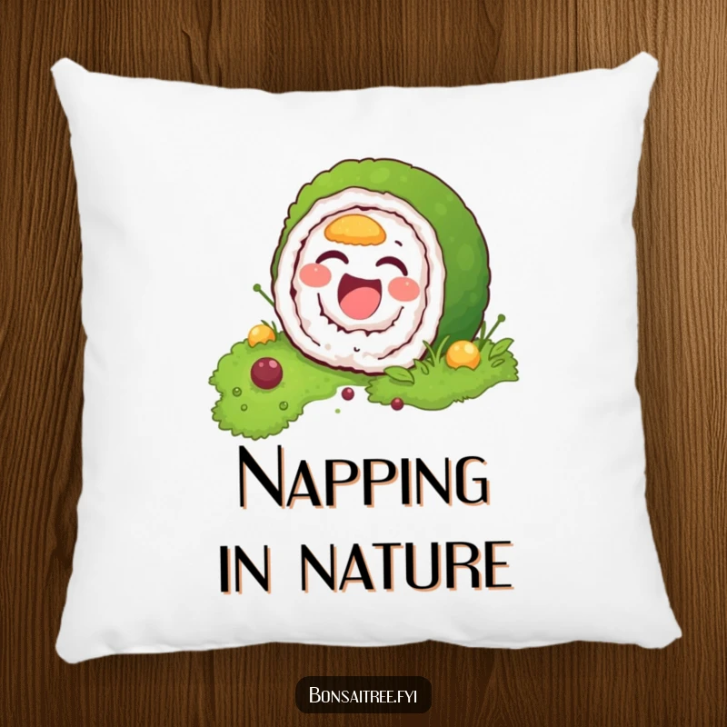 Funny pillow design showing a laughing sushi roll character nestled within green moss, offering comfort and a humorous visual gag.