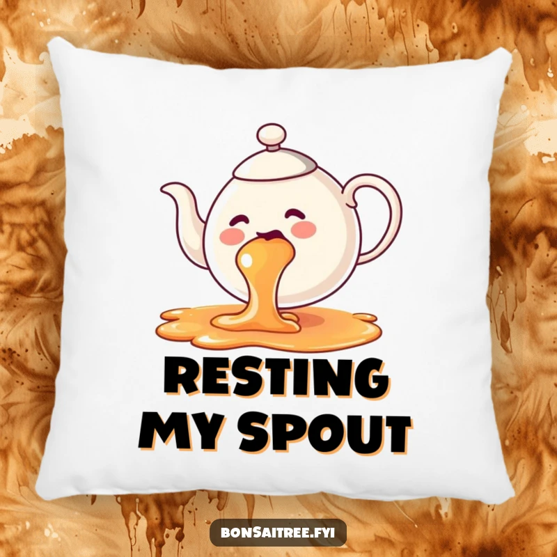 Funny teapot pillow, illustrated with a cheerful rainbow tea spill, designed for comfortable and colorful relaxation.