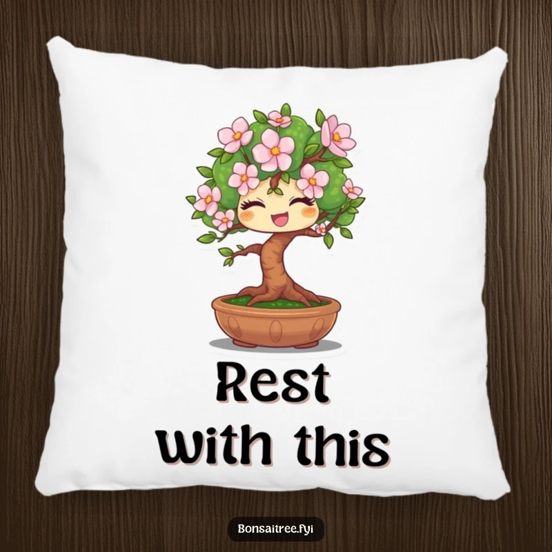 Funny pillow showing a winking bonsai tree character holding a single flower, offering comfort and a touch of humor.