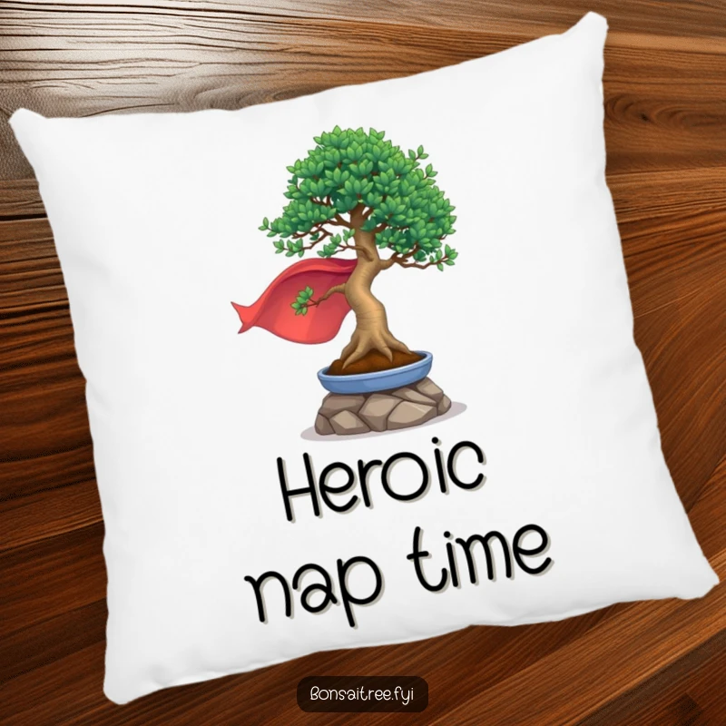 Soft, funny pillow of a bonsai tree in a cape striking a heroic pose, offering comfort and a touch of bravery.