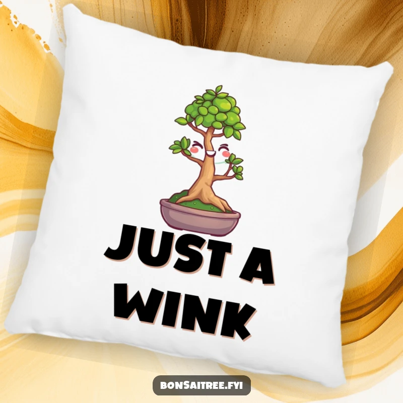 Funny decorative pillow featuring a sweet bonsai tree with a smiley face, playfully winking. Adds comfort and humor to any seating area.
