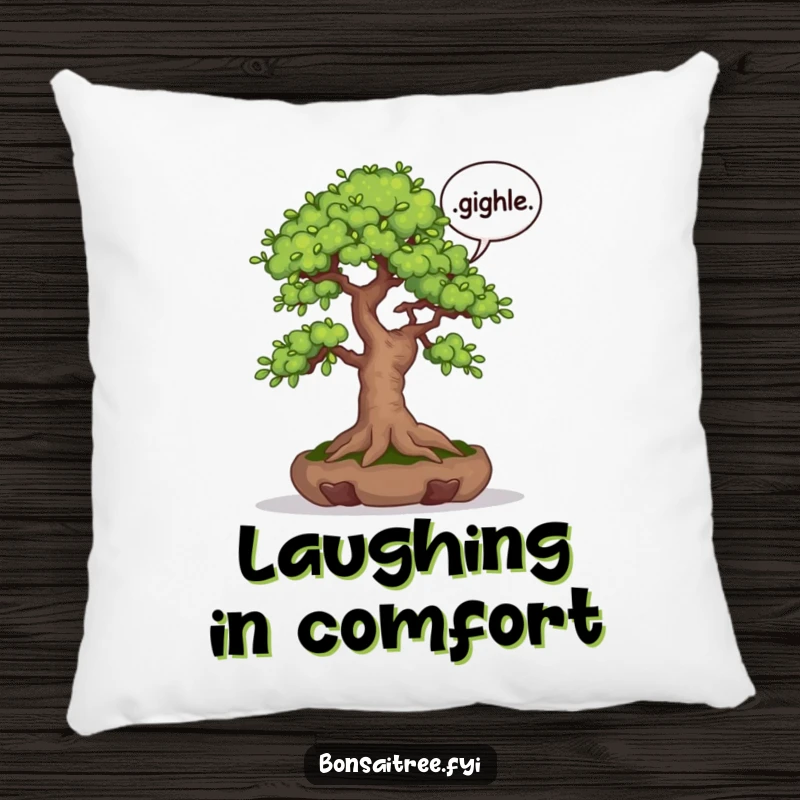 Funny decorative pillow featuring a bonsai tree with a speech bubble saying 'giggle'. Provides comfort and a humorous, lighthearted touch.