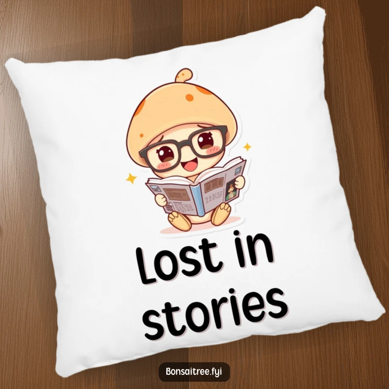 Funny mushroom pillow with large glasses, reading a comic book, designed for cozy, humorous comfort.