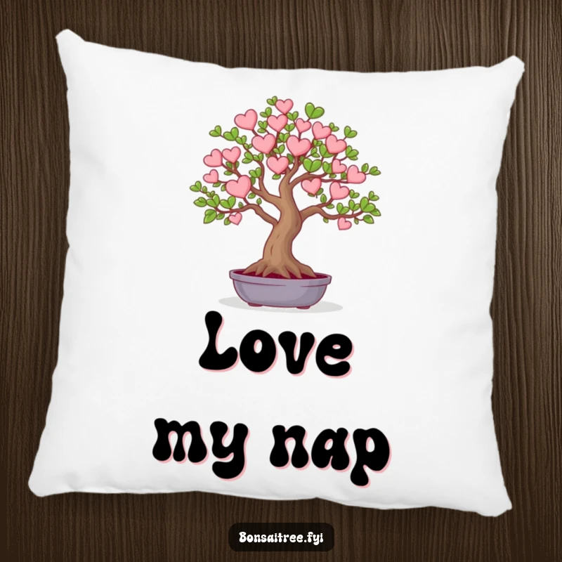 Funny decorative pillow featuring a bonsai tree with leaves shaped like small hearts. Provides comfort and a sweet, humorous touch.