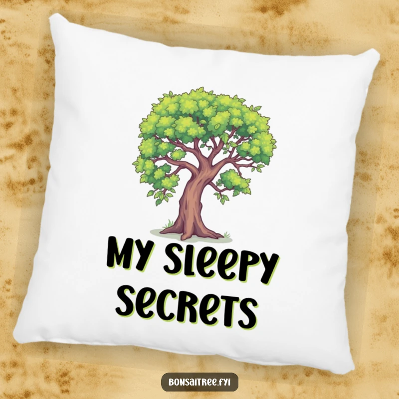 Funny decorative pillow featuring a bonsai tree leaning in as if whispering a secret. Provides comfort and a hint of playful intrigue.