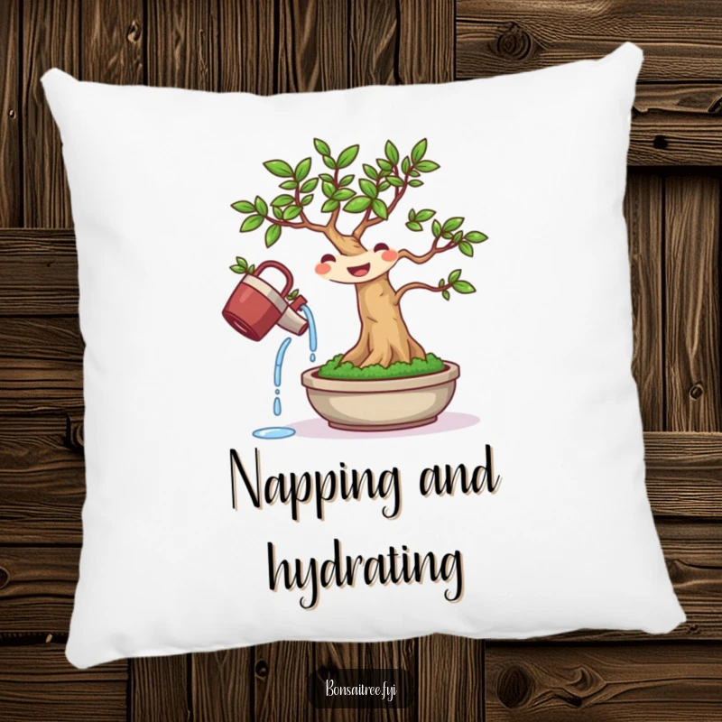 Funny pillow featuring a cheerful bonsai character actively watering itself, offering comfort and a humorous touch.