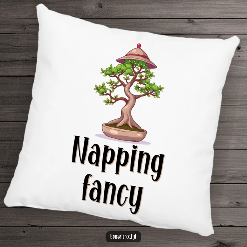 Funny decorative pillow showing a bonsai tree wearing a small hat, waving a branch, perfect for adding cozy and charming vibes.