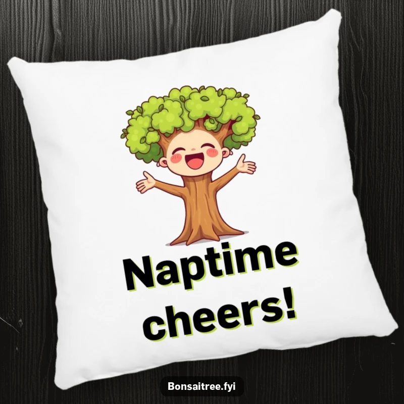 Funny decorative pillow featuring a small bonsai tree enthusiastically cheering with outstretched arms. Provides comfort and a cheerful vibe.