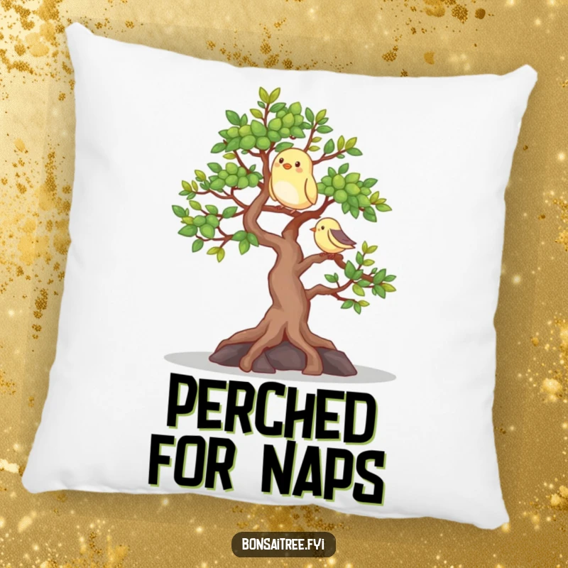 Funny pillow featuring a happy bonsai tree with a perching bird, offering cozy comfort and a touch of natural cheer.