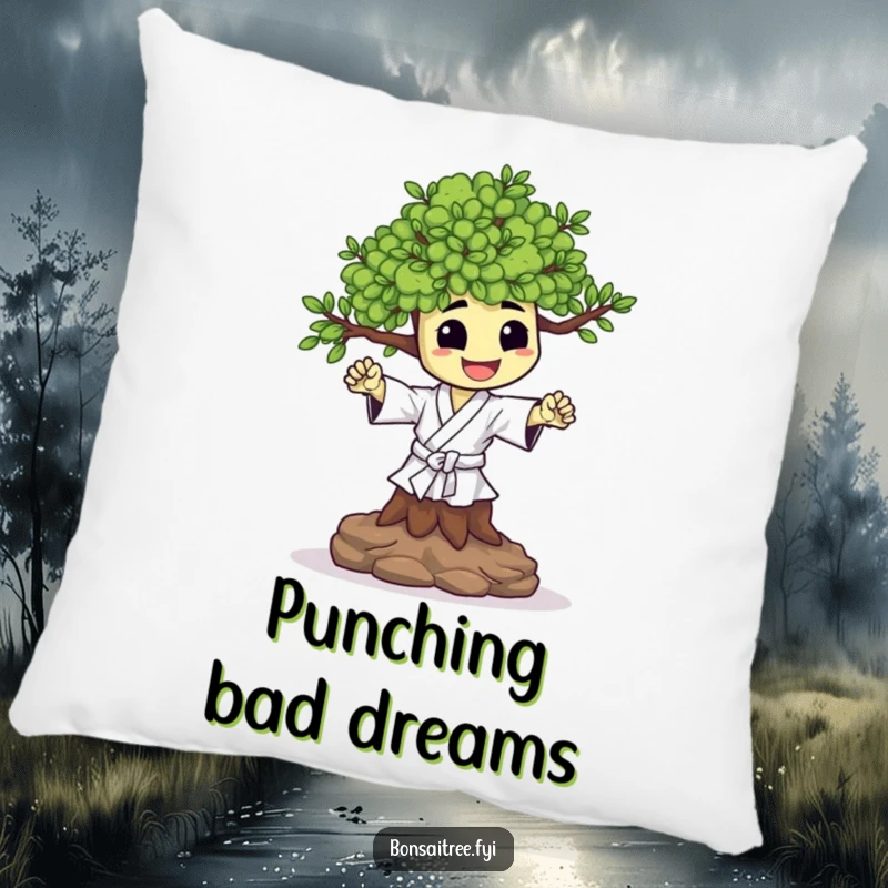 Funny pillow with a happy bonsai tree character performing a tiny karate chop. Soft, comfortable, and motivating.