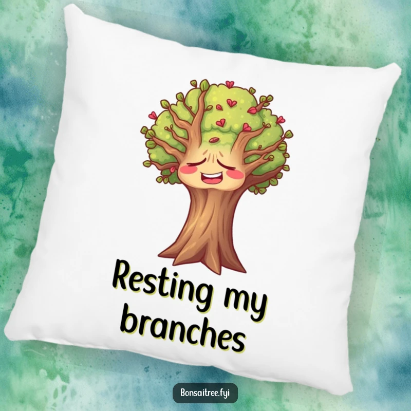 Funny tree pillow featuring a tree with its face deeply contorted in a silent, joyful laugh, perfect for relaxing.