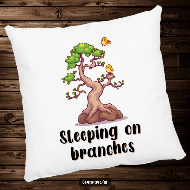 Funny Bonsai Tree Pillow: A cute bonsai character giggling uncontrollably as a small bird perches playfully on its topmost leaf.