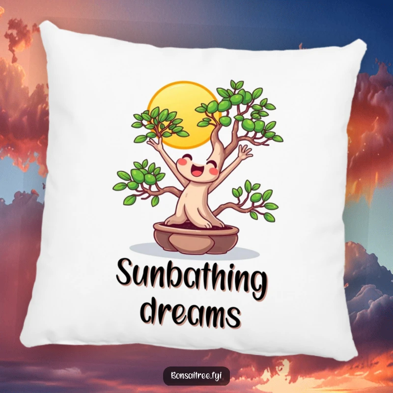 Funny beaming bonsai stretching towards the sun on a soft pillow, ideal for cozy comfort and radiating cheerful humor.