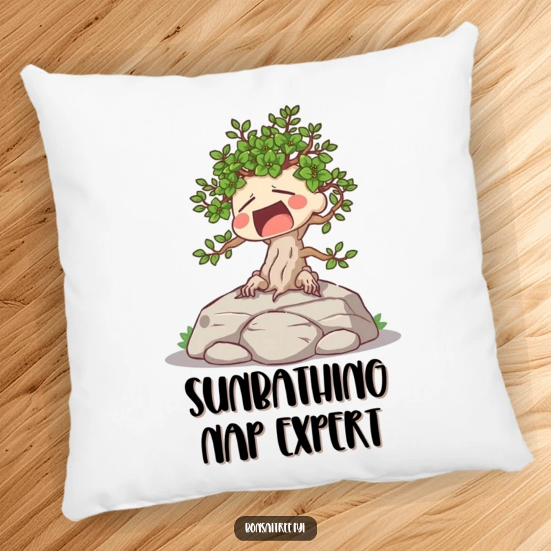 Funny pillow showcasing a yawning, sunbathing bonsai tree character, bringing comfort and a humorous sense of weariness.