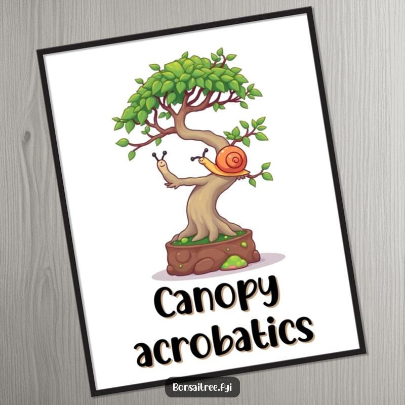 Funny Bonsai Tree Digital Art Print: A mischievous bonsai character balancing a tiny snail on its canopy, perfect for instant decor.