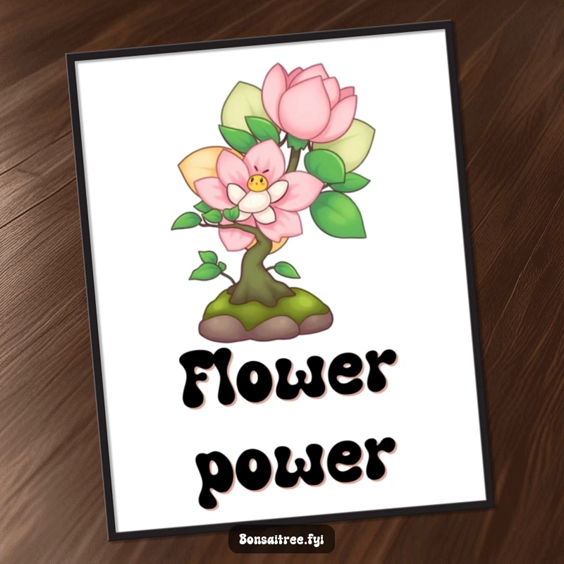 Funny shy bonsai peeking from behind a flower on a digital art print, offering charming and humorous decor instantly.