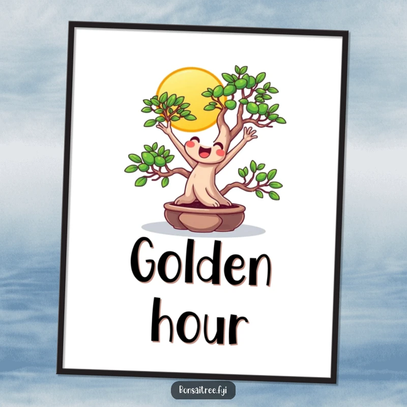 Funny beaming bonsai reaching for the sun on a digital art print, perfect for cheerful decor and spreading optimistic humor.