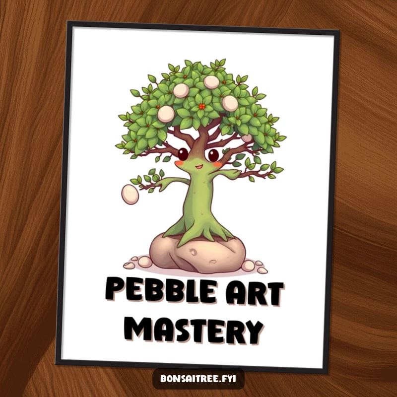 Funny Bonsai Tree Digital Art Print: A focused bonsai character skillfully juggling small pebbles with its branches, celebrating dexterity.