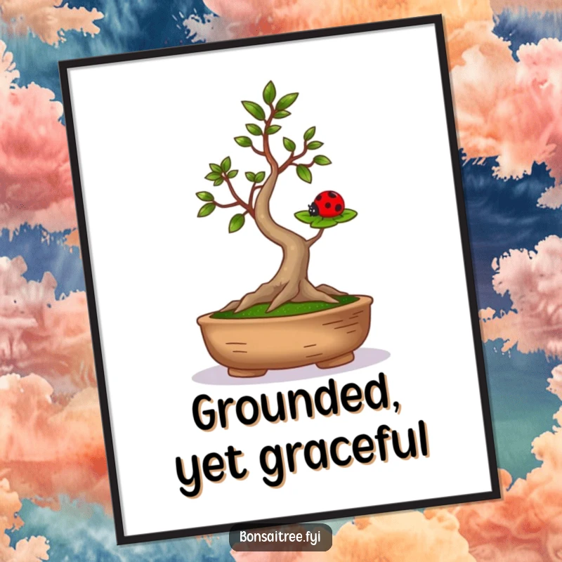 Funny, downloadable digital art print of a bonsai tree balancing a ladybug, perfect for humorous home decor.