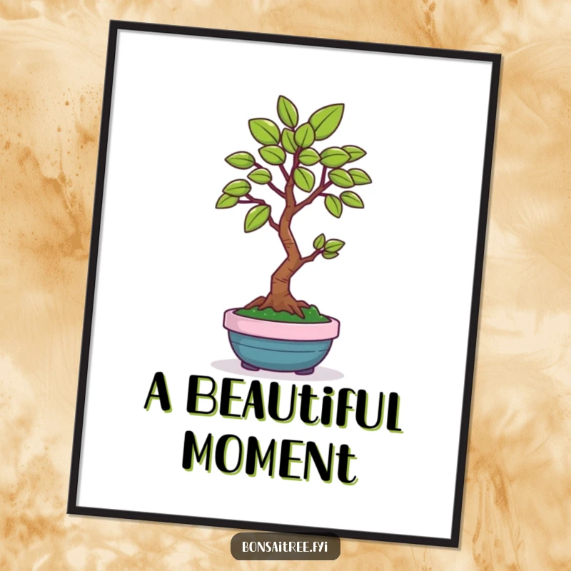 Funny digital art print of a happy bonsai tree character offering a single, perfect green leaf, ready for instant humorous display.