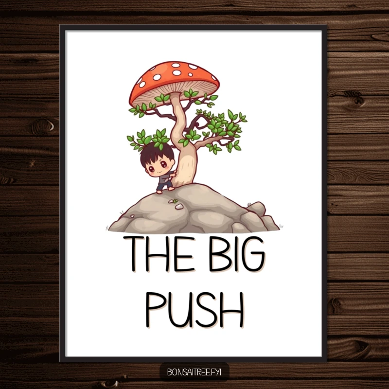 Funny bonsai character pushing a large mushroom uphill, a digital art print download for humorous and motivational wall decor.