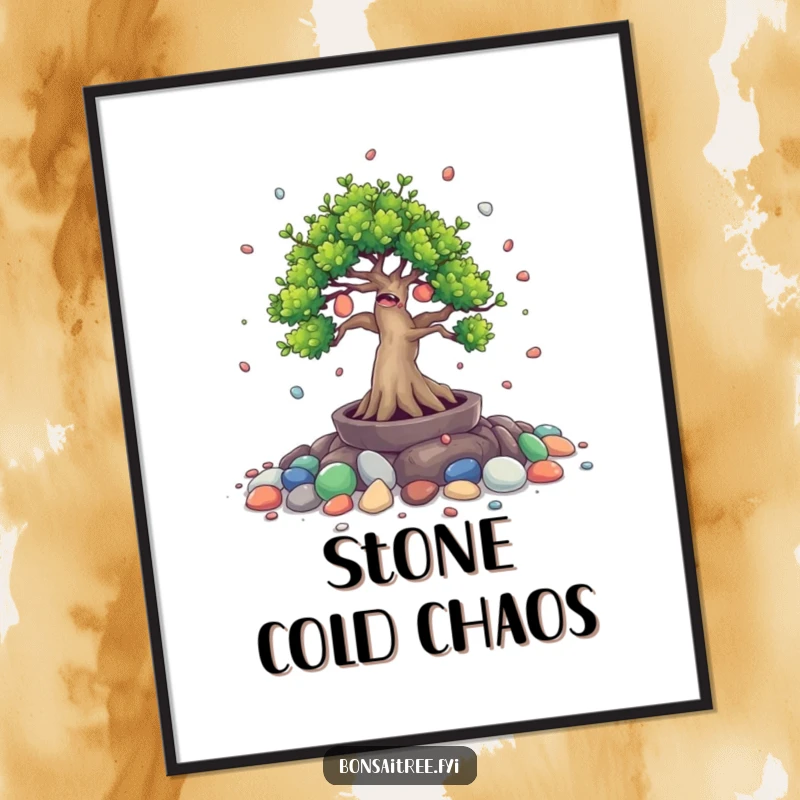 Funny digital art print of a giggling bonsai tree character joyfully spilling small painted stones. Instant cheerful decor.