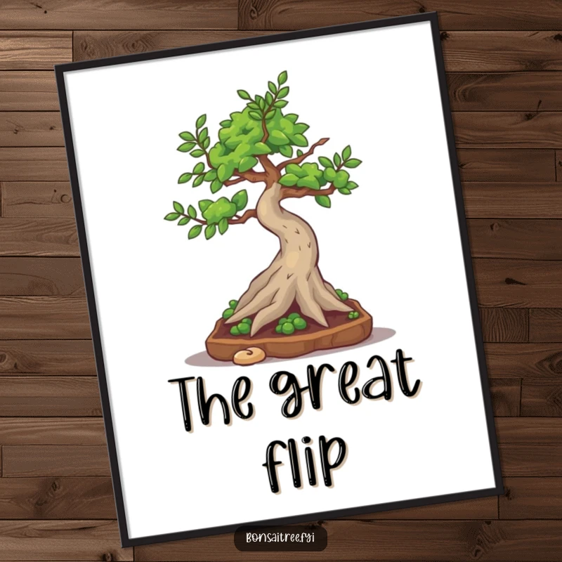 Funny bonsai tree character attempting a silly little somersault, captured as energetic digital art.