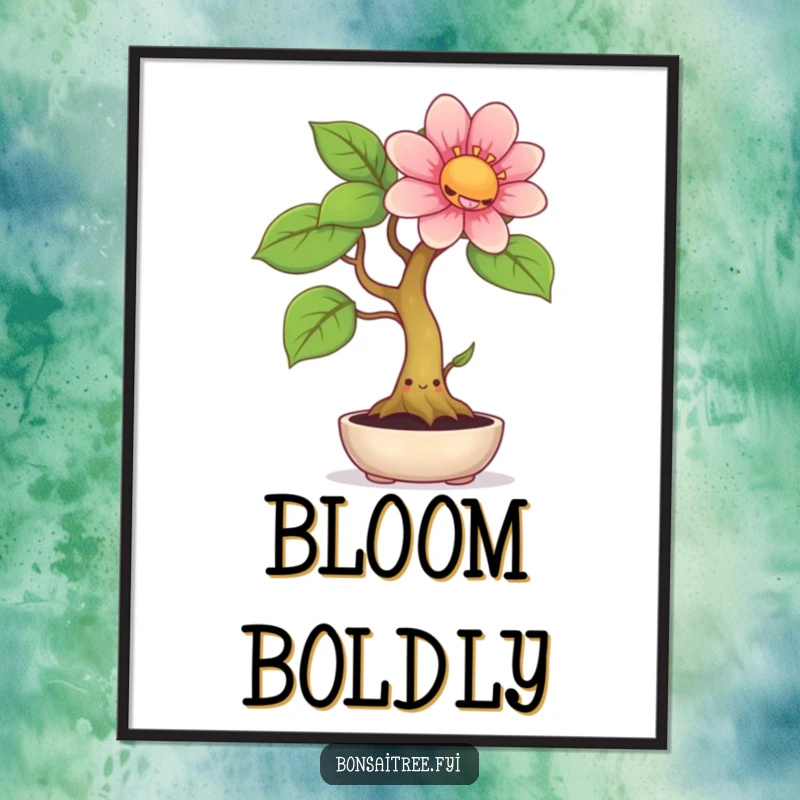 Funny digital art print of a smiling bonsai tree with a happy face, sprouting an enormous, vibrant flower, ready for instant download.