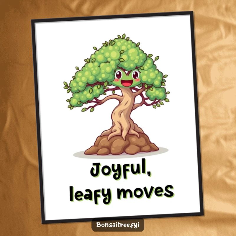 Funny, downloadable digital art print of a happy bonsai tree dancing in a gentle breeze, perfect for joyful decor.