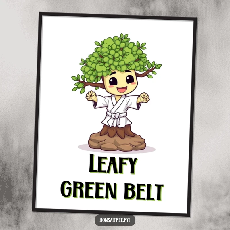 Funny digital art print of a happy bonsai tree character performing a small, energetic karate chop. Instant motivational decor.
